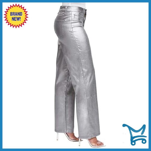 High Rise Straight Leg Metallic Pants Women's Hyperstretch Rayon Nylon Spandex - Picture 3 of 8